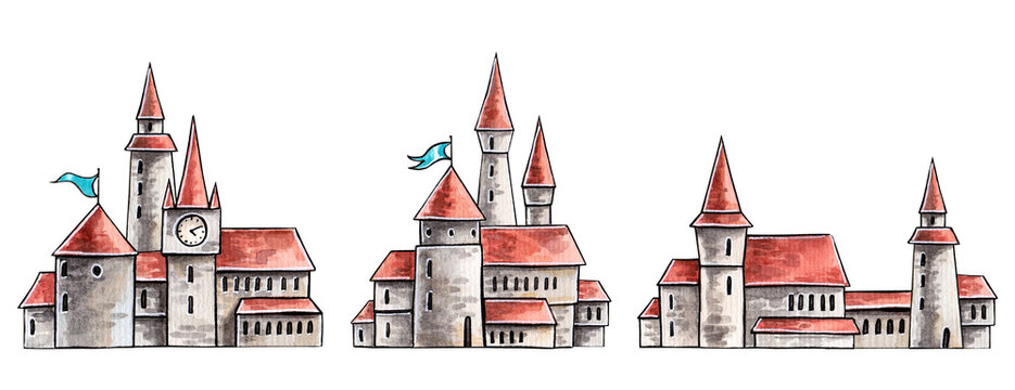 Watercolor illustration of medieval castles. Fabulous buildings, fantastic fortresses and royal palaces. Isolated illustrations. Set of medieval palaces on a white background