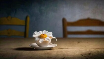  a cup with a flower in it sitting on a table next to a wooden chair and a wooden table with a yellow chair behind it.  generative ai
