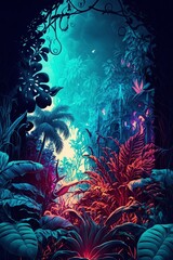 Fototapeta na wymiar illustration, fantasy world tropical jungle, ai generative