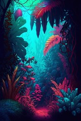 illustration, fantasy world tropical jungle, ai generative