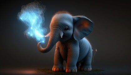  a small elephant with a blue flame in its trunk and a black background with a red spot on its trunk and a black background with a red spot.  generative ai