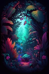 Fototapeta premium illustration, fantasy world tropical jungle, ai generative