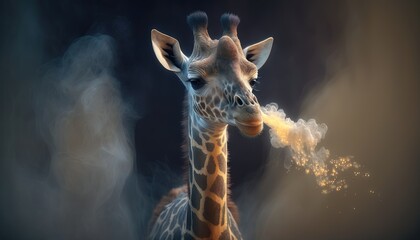  a digital painting of a giraffe with a smoke trail coming out of it's mouth and a black background with a few clouds of smoke coming out of it.  generative ai - obrazy, fototapety, plakaty