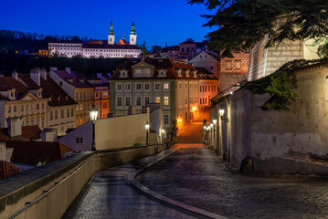 Obraz na płótnie Canvas Old street of Hradcany in Prague, Czech Republic. Architecture and landmark of Prague. Night cityscape of Prague.