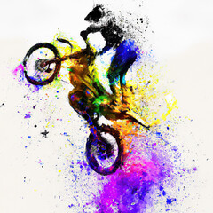 Motocross rider doing a jump in Rainbow Colors