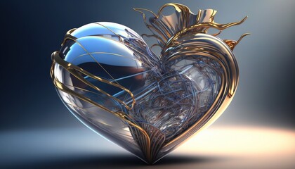  a heart shaped object with a metal structure inside of it on a blue and gray background with a light reflection on the surface of the heart.  generative ai