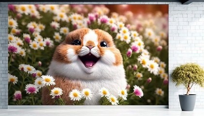  a picture of a cat in a field of daisies and daisies with its mouth open and tongue out, with a potted plant in the foreground.  generative ai