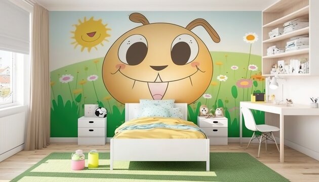  a child's bedroom with a wall mural of a smiling dog on the wall and a green field of flowers on the wall and a green rug.  generative ai
