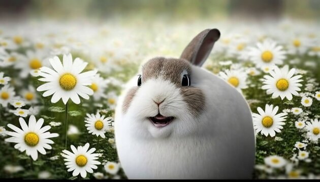  a rabbit is sitting in a field of daisies and daisies is in the foreground, and the background is blurry with a blurry image of daisies in the foreground.  generative ai