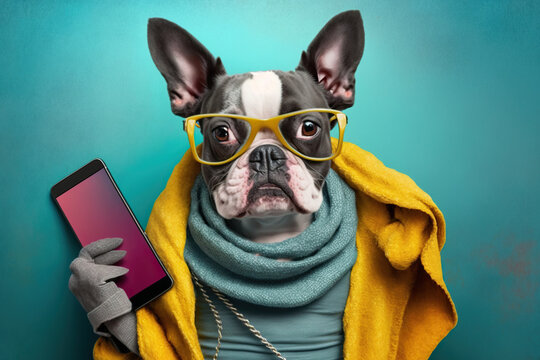 Studio photo portrait of a happy dog in hipster clothes using phone, concept of Smiling and Adorable, created with Generative AI technology