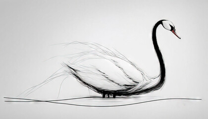  a black and white picture of a swan on the water with its head turned to the side and its neck bent over the water, with its long, its long, tail, long, tail, and.  generative ai