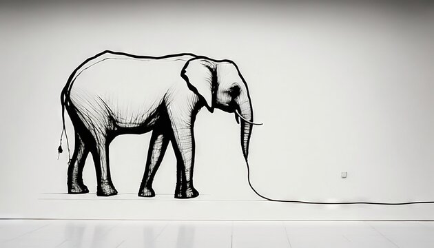  a drawing of an elephant on a white wall with a black and white picture of an elephant on it's side and a black and white background.  generative ai