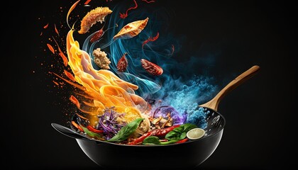 a wok filled with lots of different types of food flying out of it's side and into the air with a wooden spoon.  generative ai - obrazy, fototapety, plakaty
