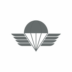 Military badge illustration of parachute with wings or parachutist badge used by Parachute Regiment in the British Armed Forces on isolated background in black and white retro style
