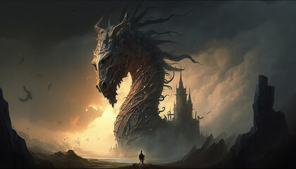 surreal illustration huge dragon among ruins