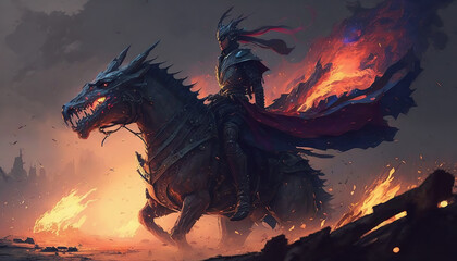 Surreal illustration of a knight riding a huge dragon.