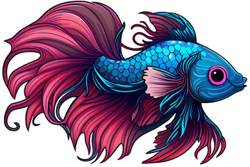 kawaii siamese fighting fish. Stylized Cute colorful tropical fish. Transparent background