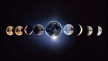 Moon phases on dark space and galaxy astrology or astronomy background. Magic and witch concept. 