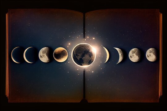 Astrology or astronomy book of the universe - opened old witch magic book with Moon phases. 