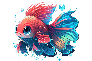Fototapeta na wymiar kawaii siamese fighting fish. Stylized Cute colorful tropical fish. Transparent background