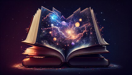 Astrology or astronomy book of the universe - opened old magic book with space, galaxy, planets and stars.  - obrazy, fototapety, plakaty