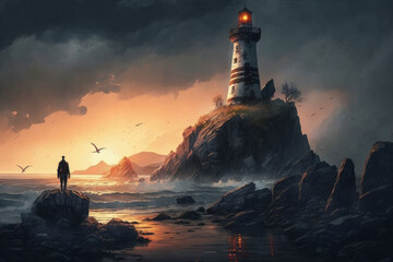 Leuchtturm  an einer Küste, während einem Sonnenuntergang mit menschlicher Silhouette 