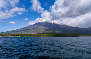Panorama of Osorno volcano by Todos Los Santos lake between Chile and Argentina