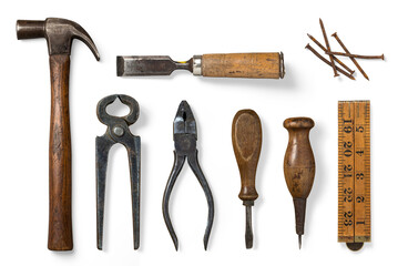 collection of vintage tools, hammer, chisel, screwdriver, grippers, awl, wooden ruler and rusty...