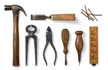 collection of vintage tools, hammer, chisel, screwdriver, grippers, awl, wooden ruler and rusty nails, isolated over a transparent background, craft / craftsmanship / father's day design elements