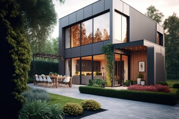 Luxury modern residence building - family villa with a futuristic design, exterior. AI generative. - obrazy, fototapety, plakaty