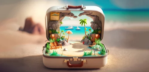 Poster vacation travel time banner, open travel suitcase with exotic destination inside with copy space area © sizsus
