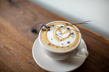 cup of coffee latte art lavender