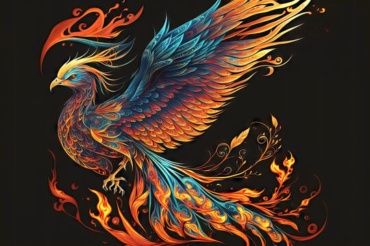sacred magic bird in form of fiery phoenix firebird with long tail, generative ai