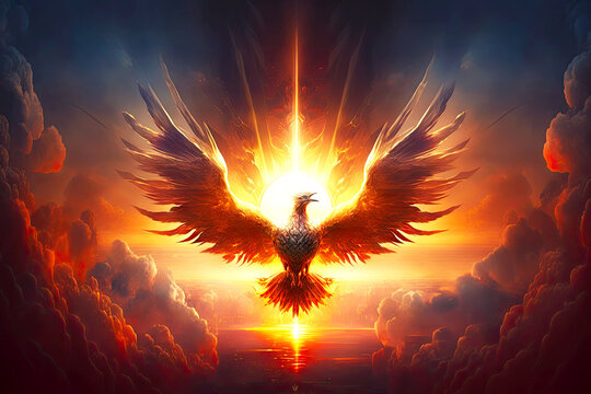 striking image of phoenix firebird rising into sky in rays of setting sun, generative ai