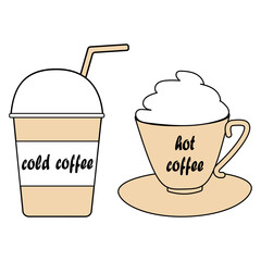 Vector illustration of icons of traditional Greek cold coffee frappe in a paper cup with straw and hot cappuccino in a porcelain cup. Clipart. Drink elements.