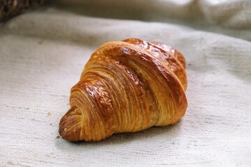 freshly baked croissant on a tablecloth	