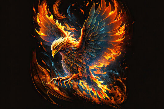burning feathers of phoenix firebird in flames on black background, generative ai