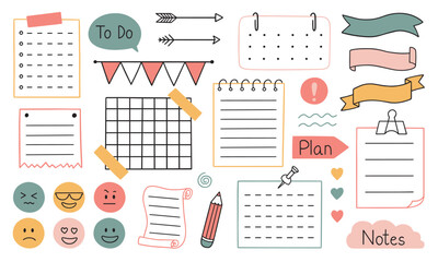 Hand drawn bullet journal doodle. Set of notes, ribbons, frames, stickers for bullet journal, notebook, diary and planner. Vector illustration isolated on white background.