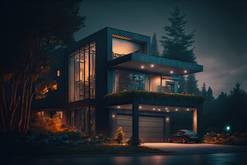 Luxury modern residence building - family villa house with a futuristic design, dark mood exterior. AI generative for Real estate companies.