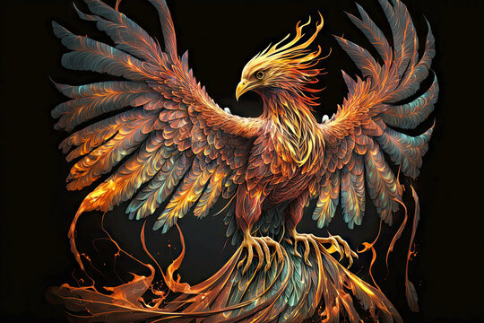 fantastic large bird in form of phoenix firebird spreading its wings, generative ai