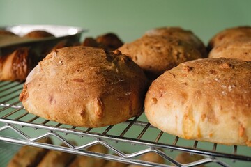 bread on the tablecloth. Home baked whole grain bread. Crusty sourdough loaf of wheat bread with wholegrain flour. fried bread crust.