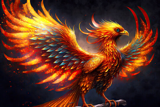magic bird in form of giant golden-red phoenix firebird, generative ai