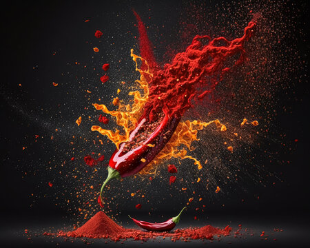 Flying red chili pepper with an explosion of spice powder on a dark background. Spice background, splash. Generative AI.