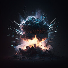 Realistic fiery explosion. Large fireball with black smoke isolated on black background