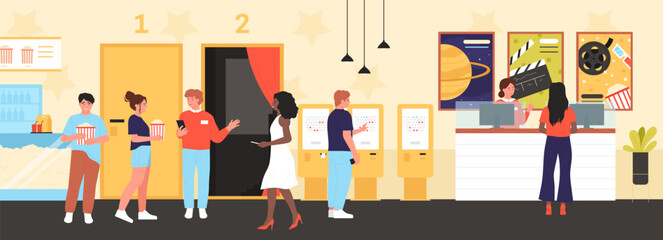 Cinema entrance and ticket check vector illustration. Cartoon people buying movie tickets at self service terminal and popcorn boxes in cafeteria of theater lobby with posters of upcoming films