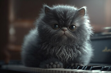 adorable dark gray persian cat on the piano