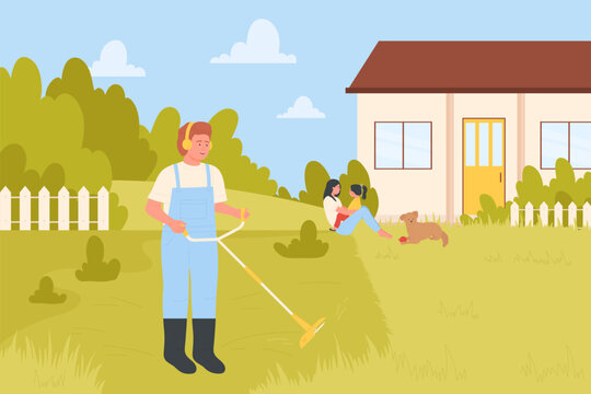 Landscaping, mowing works vector illustration. Cartoon man walking with lawnmower to cut green grass of backyard lawn near family house, male character trimming summer field with cutter equipment