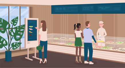 Self service in cafe or restaurant vector illustration. Cartoon visitor using digital information screen to order food from menu, couple of consumers characters waiting for dish at modern counter