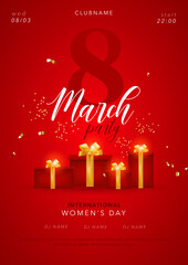 Women's day party flyer with gifts and confetti at red background