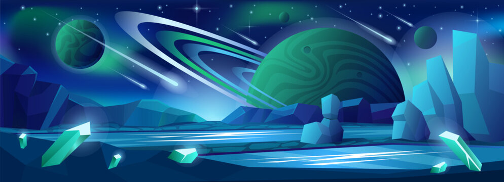 Alien planet in outer space with fantasy landscape vector illustration. Cartoon blue stones, fairy green crystals in ground and mountains, falling comets and Saturn in sky, alien cosmic background